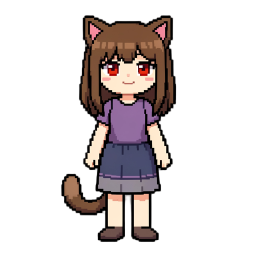 crie um personagem pixelado de uma garota de pele clara,olhas vermelhas.cabelos castanhos e orelhas e calda de gato