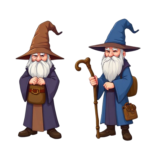 wizards with big brown hats and expressionless bags, blue robes with a cane, boots with a bag
