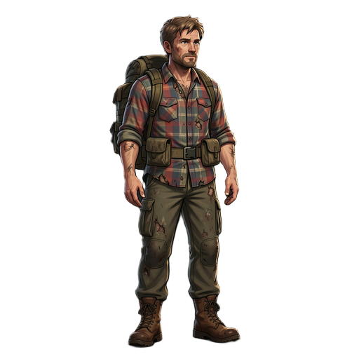 realistic post-apocalyptic survivor, full body side view, neutral standing pose, rugged male in his late 30s, short messy hair, light beard, worn flannel shirt, tactical backpack, cargo pants, boots, grounded survival aesthetic, cinematic lighting, realis