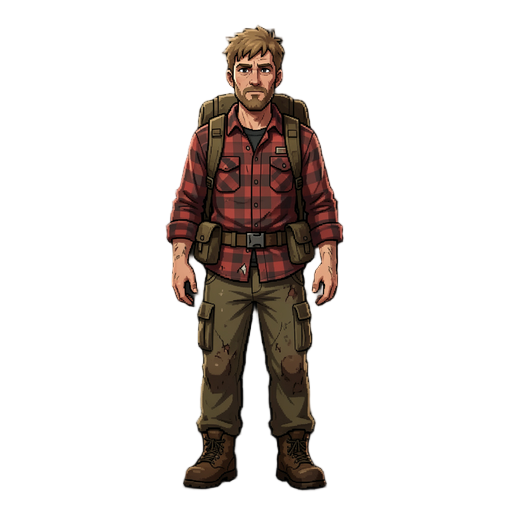 pixel post-apocalyptic survivor, full body side view, neutral standing pose, rugged male in his late 30s, short messy hair, light beard, worn flannel shirt, tactical backpack, cargo pants, boots, grounded survival aesthetic, cinematic lighting, realistic 