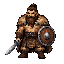 líder viking idoso e experiente, corpo inteiro, barba longa marrom amarrada, cabelo preso com laterais grisalhas, expressão séria, capa de pele de urso nos ombros, sem camisa, traje nórdico, espada na mão direita e escudo redondo na esquerda.