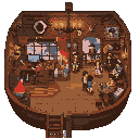 interior de um navio pirata, que possui um quarto com um pc gamer, decorações relacionadas ao luffy  e ao lado desse quarto possui, uma sala que comporta os tripulantes e dentro desse cômodo tem uma taverna com a tripulação pirata conversando
