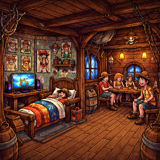 interior de um navio pirata, que possui um quarto com um pc gamer, decorações relacionadas ao luffy  e ao lado desse quarto possui, uma sala que comporta os tripulantes e dentro desse cômodo tem uma taverna com a tripulação pirata conversando