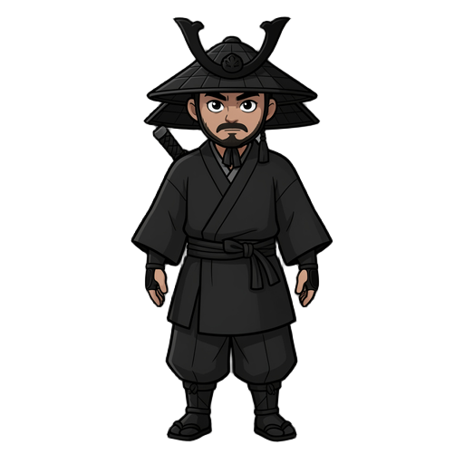 samurai en noir total avec un chapeau samurai