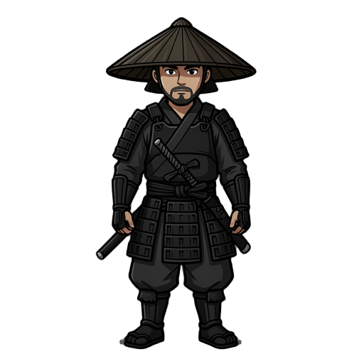 samurai en noir total avec un chapeau samurai