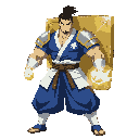 takeda, a muscular japanese martial artist in a blue and white traditional uniform with metal shoulder pads. he carries a large rectangular golden shield on his back. his fists glow with golden ki energy