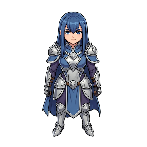 blue-haired warrior in silver armor