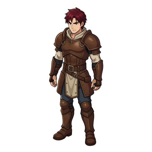 game character. inspired from ragnarok online or tree of savior. he a novice. human. red dark hair. leather armor.