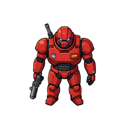 a red 16 bit cyborg soldier with a gun instead one arm from bird eye view