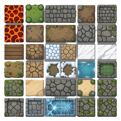 create a full collection of 2d top-down game floor tiles for a fantasy rpg. the tiles must include a wide variety of floor types such as lava, grass, dirt, stone, cobblestone, wood planks, marble, snow, sand, swamp, cracked ground, ice, dungeon floor, and