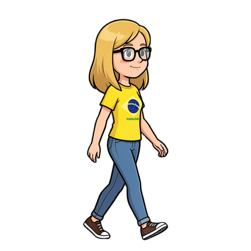 of a girl with a blond medium hair, glasses, yellow brazilian tshirt wlaking