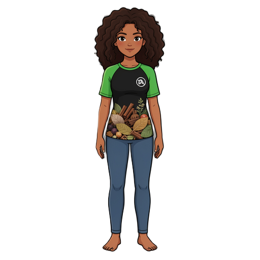 full body shot of a beautiful young brazilian woman with tanned skin, voluminous curly dark brown hair, wearing a custom raglan t-shirt with green sleeves and black body, the bottom of the shirt has a photorealistic print of herbal medicine and dried leav