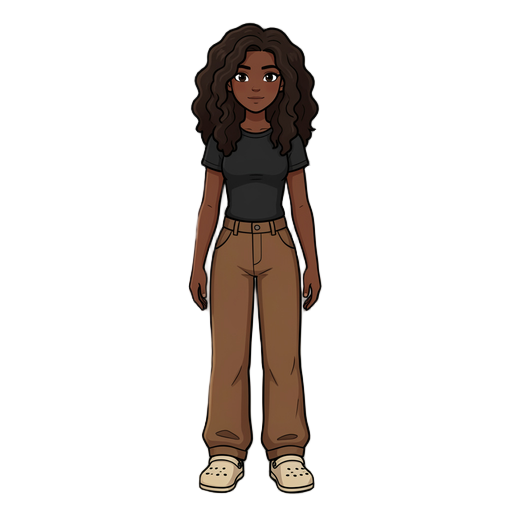 garota parda alta e magra de cabelo ondulado/cacheado escuro mas não é um afro com calça marrom folgada e crocs bege de camisa preta