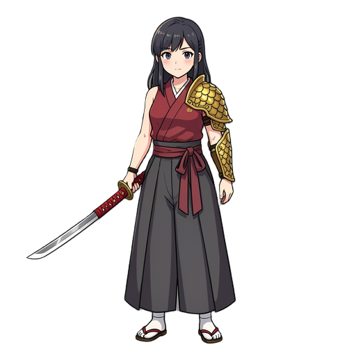 an anime girl, eastern dragon warrior, guard katana, red wrapped handle, modern hakama skirt, gold dragon scale armor on one shoulder,