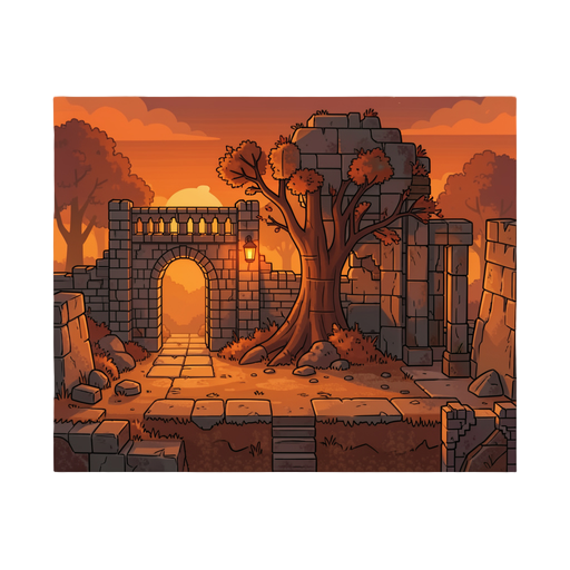 game background, stone ruins, orange atmophere, dusk