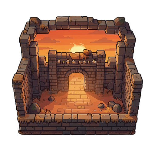pixel arts, game background, stone ruins, orange atmophere, dusk