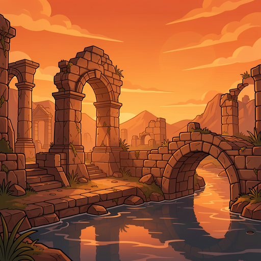 stone ruins, orange atmophere, dusk, bridge in ruins at the right with water beneath it