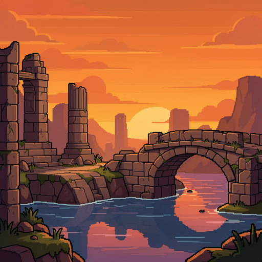 pixel arts, game background, stone ruins, orange atmophere, dusk, bridge in ruins at the right with water beneath it