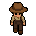 character: farmer. brown hat, simple shirt, pants, boots.