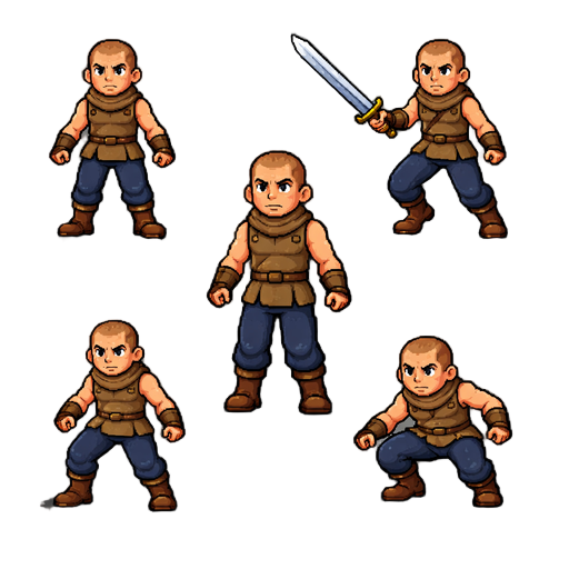 i need sprites for this character. idle, walking, sword attack, jumping, crouching