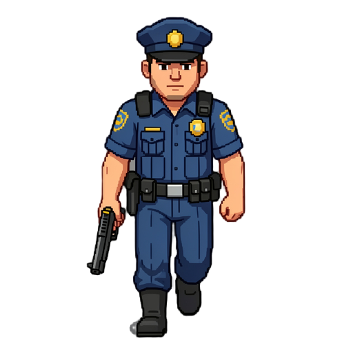 police officer walking with a gun in his hand.