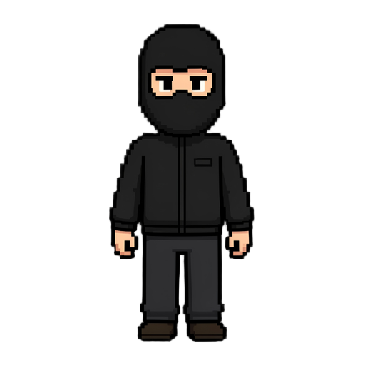 build me a 2d pixel character inspired by stardew valley, but he is wearing a ski mask and dressed in all black