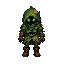 small hooded plant character, full body side view, metroidvania sprite, green leaf hood covering face, single glowing green eye visible, body made of layered leaves, dark natural green tones, brown gloves, brown belt, brown boots, biomechanical organic pl