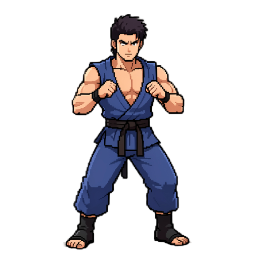 create a full-length pixelated version of hanma baki, a character from the anime baki the grappler, in a fighting stance.