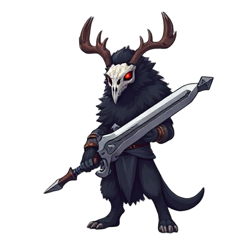 create a humanoid tall fluffy black creature with a floating deer skull for a head and glowing red eyes named dread holding a giant metal sword in a modern pixel, art style