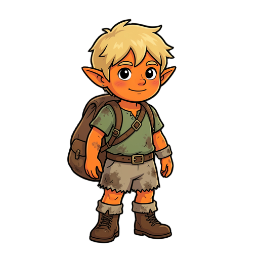 elf with orange skin, young boy, blond hair, dirty clouts, with bag in his back