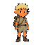 elf with orange skin, young boy, blond hair, dirty clouts, with bag in his back