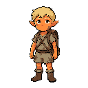 elf with orange skin, young boy, blond hair, dirty clouts, with bag in his back