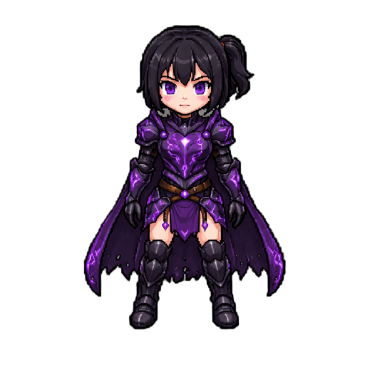 a human dark knight girl in demon-forged armor. short dark hair style in side tail, sharp determined eyes, youthful face. wearing black-and-purple knight armor with glowing runes.