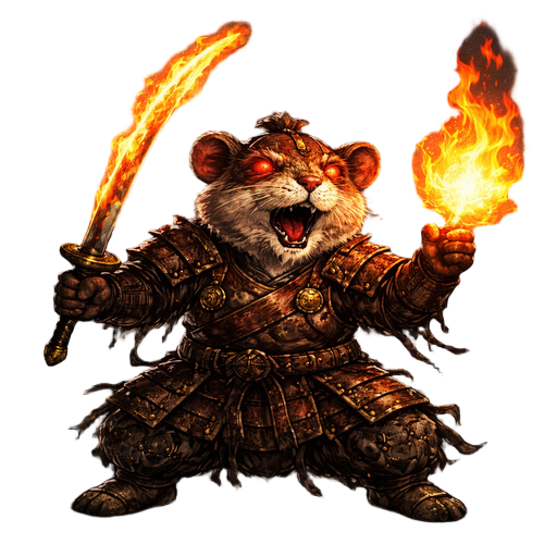 crie um hamster samurai bebado usando uma espada flamejante