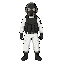 soldier with black gas mask with olive green filter canister, black tactical vest with pockets, white long sleeve shirt, white cargo pants with olive green tape on ankles, black boots, black gloves, tan tactical headphones, full body, cartoon style