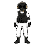 soldier with black gas mask with olive green filter canister, black tactical vest with pockets, white long sleeve shirt, white cargo pants with olive green tape on ankles, black boots, black gloves, tan tactical headphones, full body, cartoon style