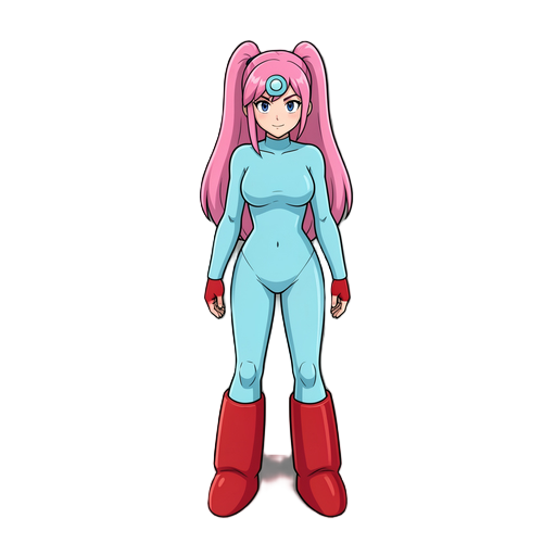 megaman styled tall thin girl with pink long pony hair and curvy figure 
