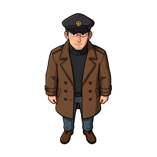 a man wearing a dark mariner's cap, a black turtleneck and a peacoat