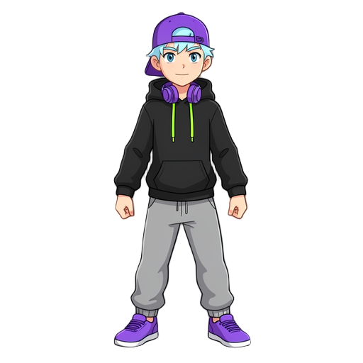 young teenage boy, light blue hair, backwards purple cap, purple headphones on neck, black hoodie, neon green drawstrings, grey sweatpants, purple sneakers. dynamic pose