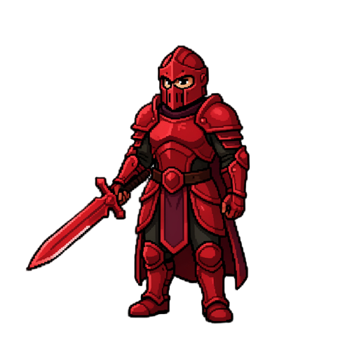 buat karakter pixel 2d dengan tema crimson knight yang sedang memegang belati merah menghadap ke kiri