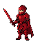 buat karakter pixel 2d dengan tema crimson knight yang sedang memegang belati merah menghadap ke kiri