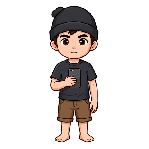 a young thief boy with a black beanie, dark t-shirt, and brown shorts, he is barefood and holds a smartphone