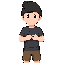 a young thief boy with a black beanie, dark t-shirt, and brown shorts, he is barefood and holds a smartphone