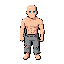 a muscular, entirely bald male character base sprite for a 2.5d isometric rpg. he is shirtless, showing defined abdominal and pectoral muscles with light skin tone and specular highlights. he has large, wide-set bright blue anime-style eyes and small pink cheeks. he wears torn, tattered grey pants w