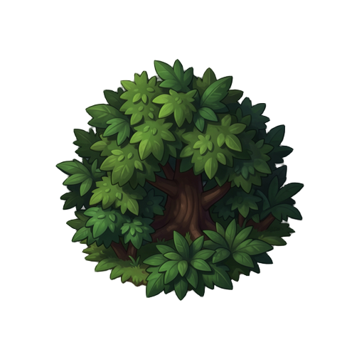 top-down stylized painterly forest bush game prop, dense foliage cluster, dark fantasy forest theme, soft hand-painted textures, rich green color variation, clean readable silhouette, studio lighting, isolated asset, transparent background, no environment