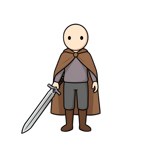 a minimalist and simple character with two small eyes, a cape, and a relatively long and heavy sword.