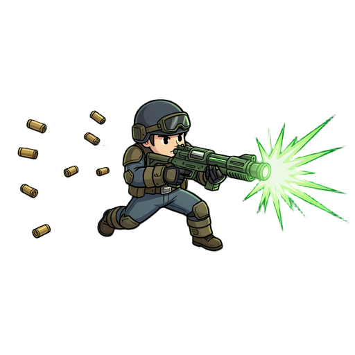 top-down 2d game sprite, character aiming and firing a green magic gun forward, fast muzzle flashes, ejecting shells, cel-shaded style, high speed action.
