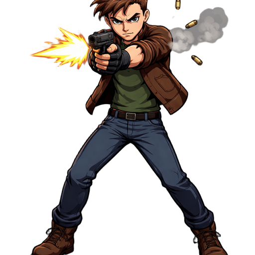 normal character aiming and firing a gun forward, fast muzzle flashes, ejecting shells, cel-shaded style.