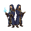 a mage and a clone of himself behind him, they are back to back
