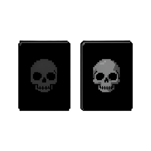 crie uma carta 2d frente e o verso, um do lado do outro. a carta deve ser preta e em forma de pixel. estilo jogos 2d. vão ser carta de habilidade, ou seja, não coloque texto algum, apenas a carta preta e uma caveira em pixel atrás da carta